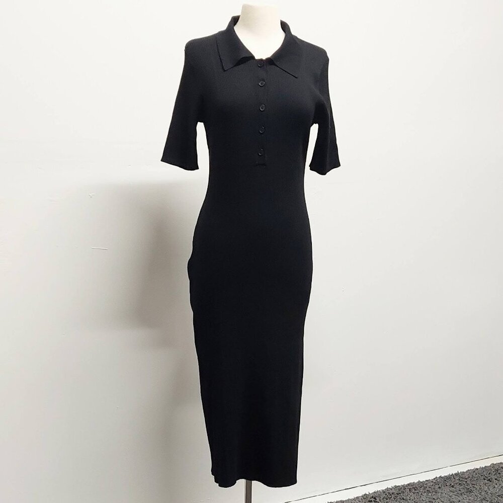 H&M Black Polo Dress Ribbed-Knit Short-Sleeve Midi Side Slit Size: L